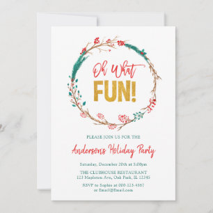 Red Green Gold Wreath Oh What Fun Christmas Party Invitation