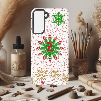 Red Green Golden Snowflakes Xmas Custom Monogram Samsung Galaxy S21 Case