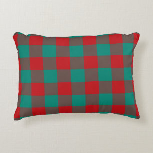 Red Green Gray Plaid Checker Pattern Accent Pillow