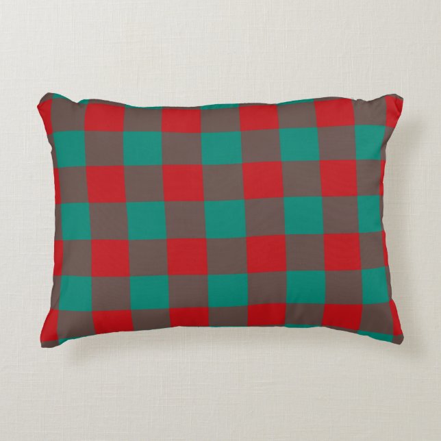 Red Green Gray Plaid Checker Pattern Accent Pillow (Front)