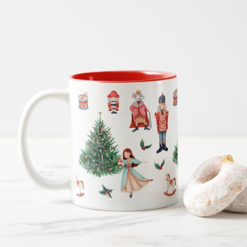 Red Green Grey Watercolor Cute Nutcracker Holiday  Two_Tone Coffee Mug