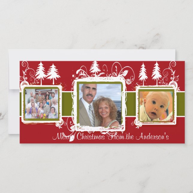 Red Green Grunge Pine Swirls Holiday Family Photo (Front)