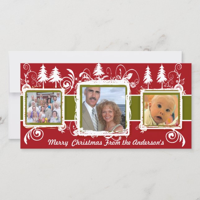 Red Green Grunge Pine Swirls Holiday Family Photo (Front)