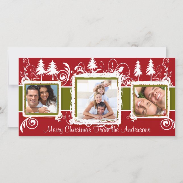 Red Green Grunge Pine Swirls Holiday Family Photo Card (Front)