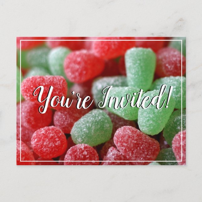 Red & Green Gumdrops Christmas Invitation Postcard (Front)