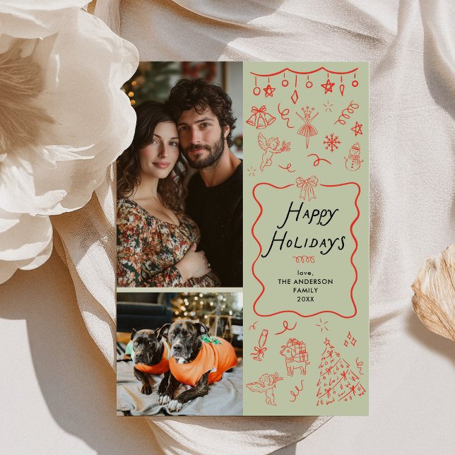 Red Green Hand Drawn Icons Happy Holidays 2 Photo Holiday Card (Creator Uploaded)