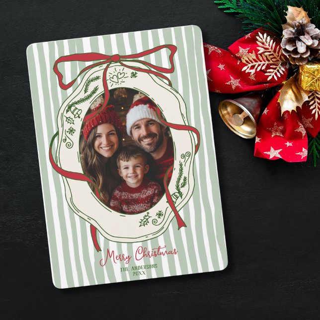 Red Green Hand Drawn Merry Christmas Family Photo  Invitation (coquette hand drawn bow and frame)
