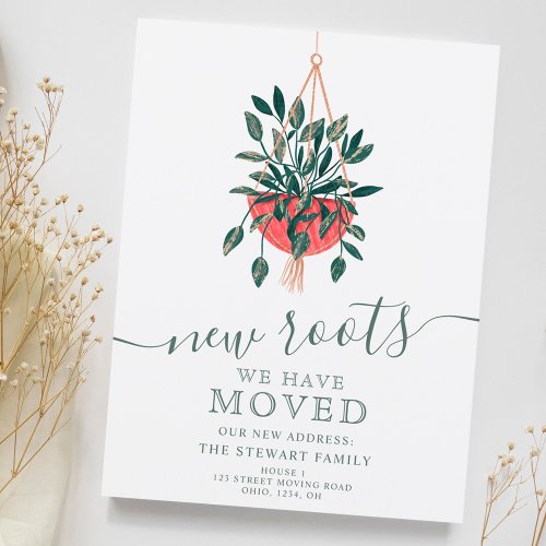 Red green hanging house plant pot new home moving announcement postcard