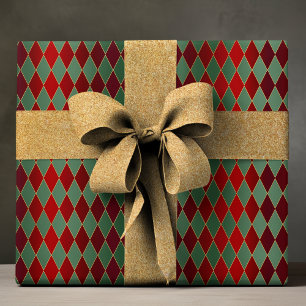 Red Green Harlequin Luxury Christmas Pattern Wrapping Paper