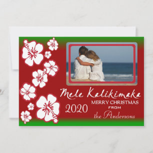 Red green Hawaii hibiscus Christmas photo cards