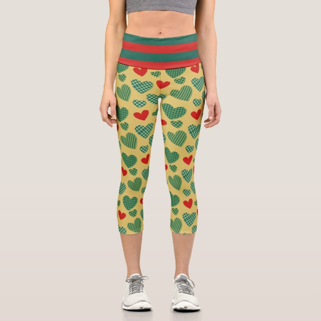 Red & Green Hearts Capri Leggings (Front)