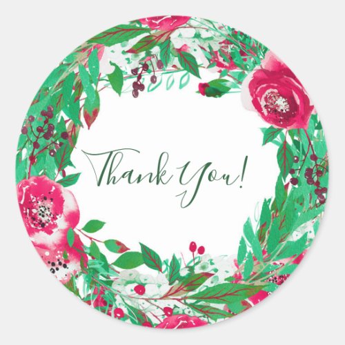 Red Green Holiday Christmas Floral Flowers Favor Classic Round Sticker