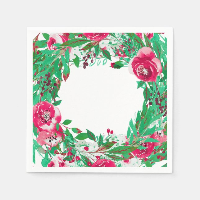Red Green Holiday Christmas Floral Flowers Wedding Napkins (Front)