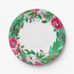 Red Green Holiday Christmas Floral Flowers Wedding Paper Plates