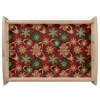 RED & GREEN HOLIDAY CHRISTMAS SNOWFLAKES AND BALLS SERVING TRAY