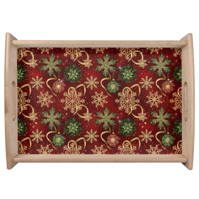 RED & GREEN HOLIDAY CHRISTMAS SNOWFLAKES AND BALLS SERVING TRAY (Front)
