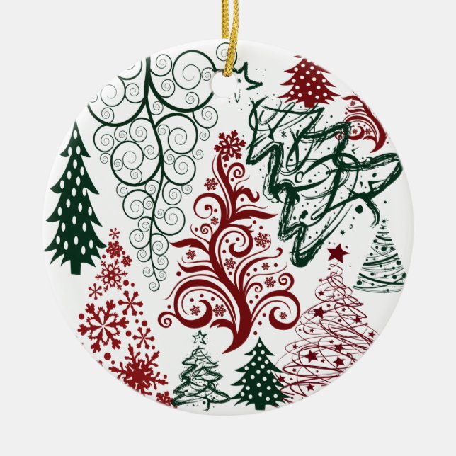 Red Green Holiday Christmas Tree Pattern Ceramic Ornament (Front)