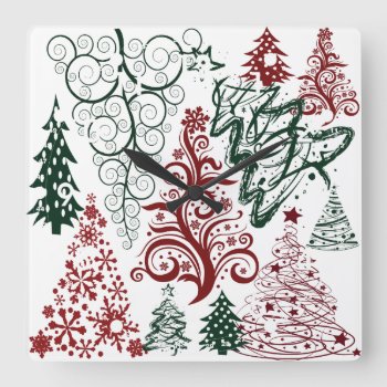 Red Green Holiday Christmas Tree Pattern Square Wall Clock by UniqueChristmasGifts at Zazzle