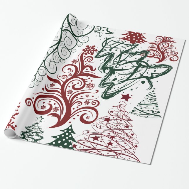 Red Green Holiday Christmas Tree Pattern Wrapping Paper (Unrolled)