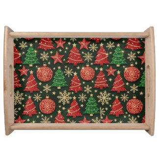 RED & GREEN HOLIDAY CHRISTMAS TREES AND BALLS SERVING TRAY