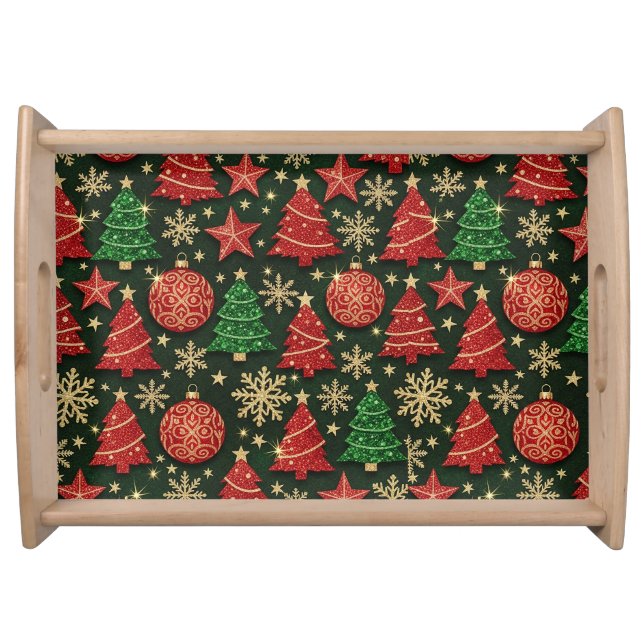 RED & GREEN HOLIDAY CHRISTMAS TREES AND BALLS SERVING TRAY (Front)