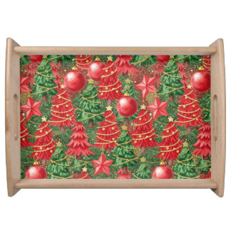 RED & GREEN HOLIDAY CHRISTMAS TREES AND BALLS SERVING TRAY