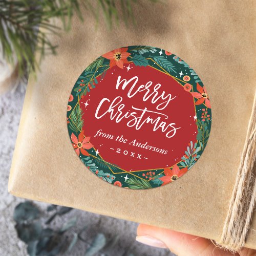 Red Green Holiday Festive Merry Christmas Script Classic Round Sticker