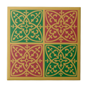 Red Green Holiday Fleur de Lis Pattern Tile