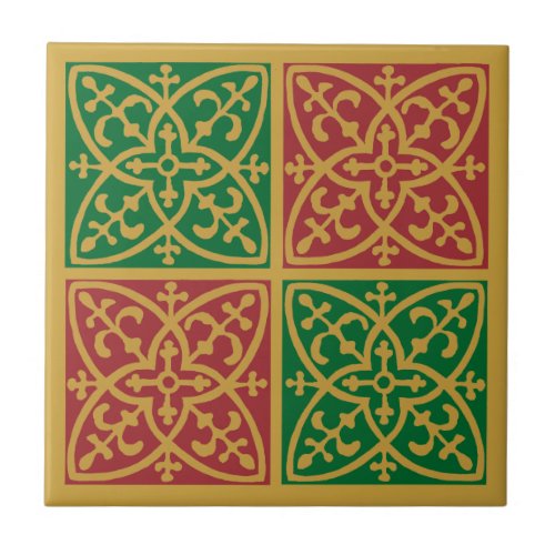 Red Green Holiday Fleur de Lis Pattern Tile