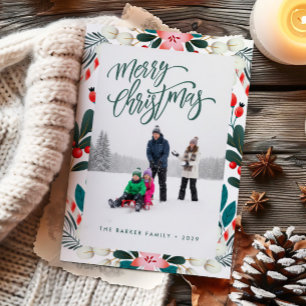 Red Green Holiday Florals Photo Christmas Card
