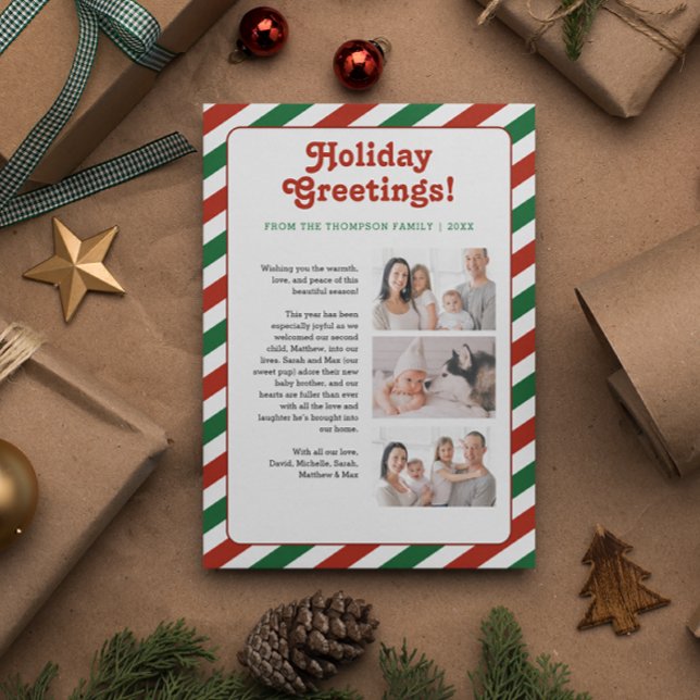 Red Green Holiday Greetings Family letter photos  Card (Holiday greetings year in review photo strip Family Christmas card.)
