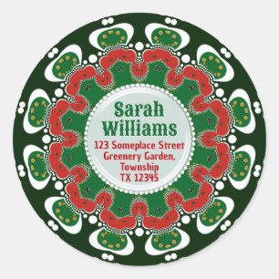 Red Green Holiday Mandala w/ Custom Text Name Addr Classic Round Sticker