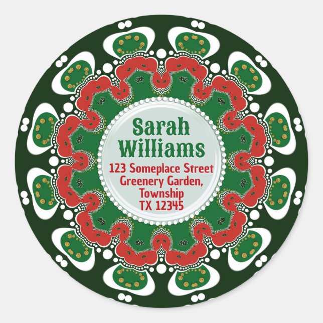 Red Green Holiday Mandala w/ Custom Text Name Addr Classic Round Sticker (Front)