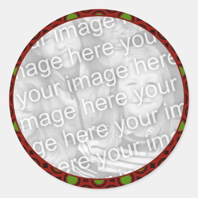 red green holiday photo frame classic round sticker (Front)