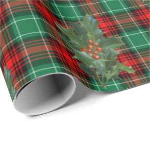 Red Green Holiday Plaid with Holly Wrapping Paper