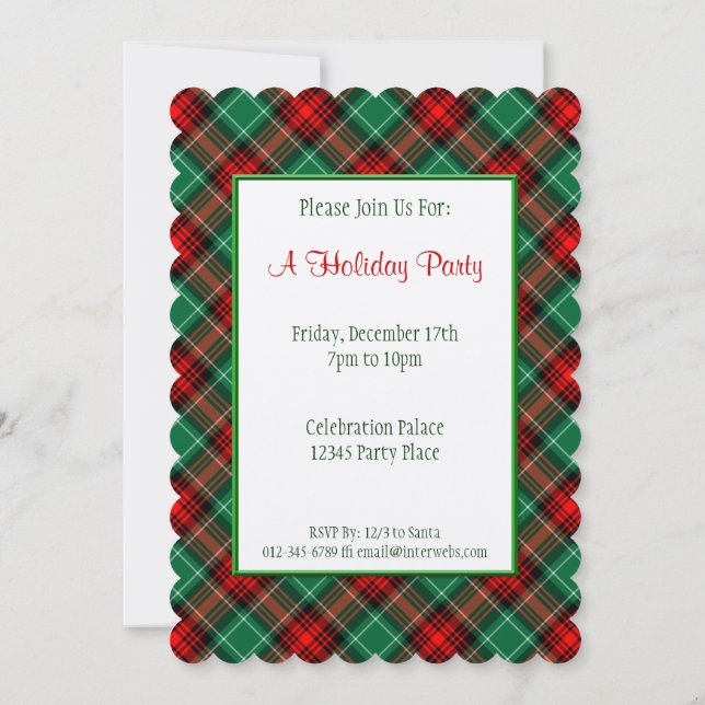 Red Green Holiday Retro Plaid Custom Invitations (Back)