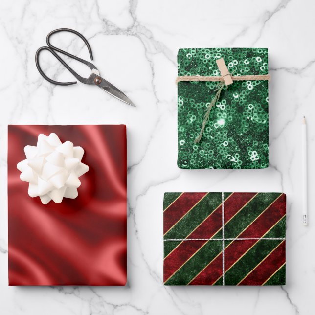 Red & Green Holiday Satin & Glitter Christmas Wrapping Paper Sheets (Front)