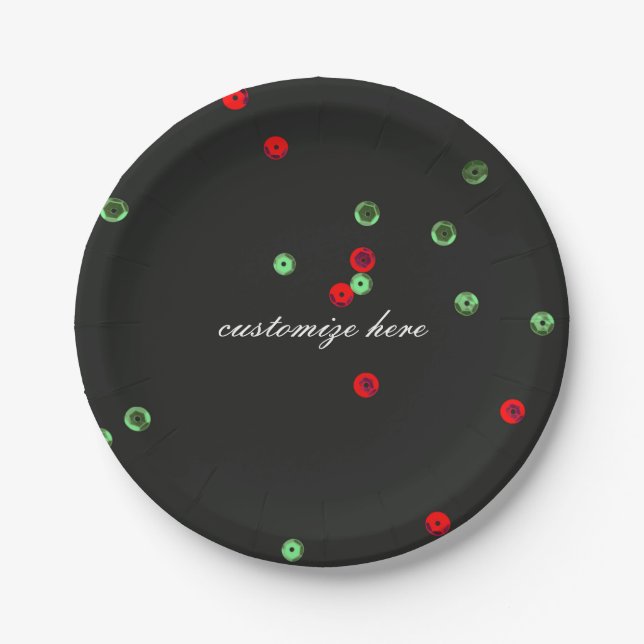 Red & Green Holiday Sequins Christmas Party Paper Plates (Front)