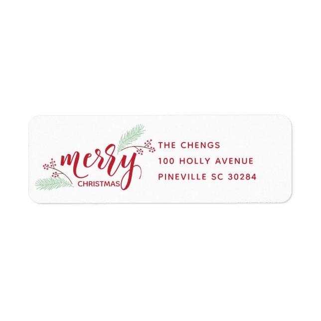 Red & Green Holly and Pine Christmas Address Label (Front)