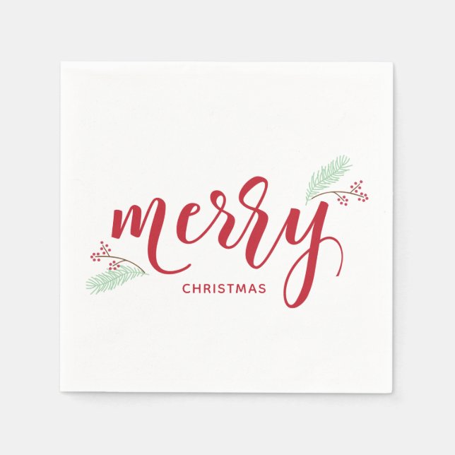 Red & Green Holly and Pine Merry Christmas Holiday Napkins (Front)