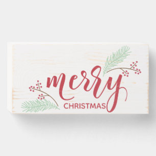 Red & Green Holly and Pine Merry Christmas Wooden Box Sign
