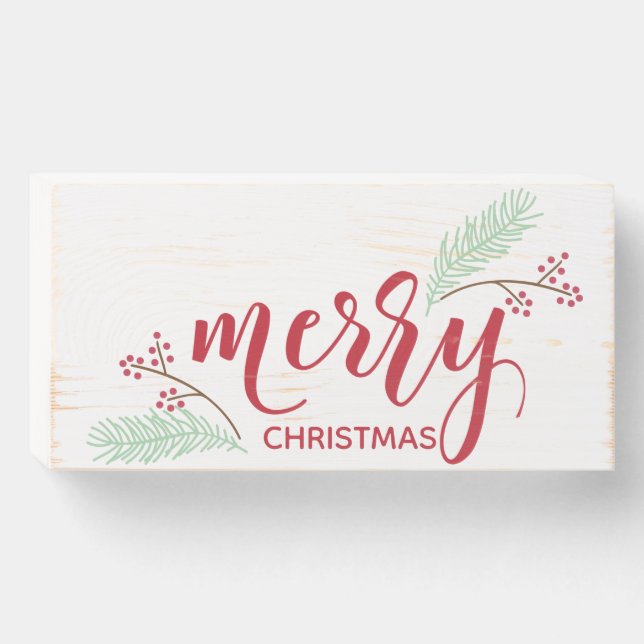 Red & Green Holly and Pine Merry Christmas Wooden Box Sign (Front Horizontal)