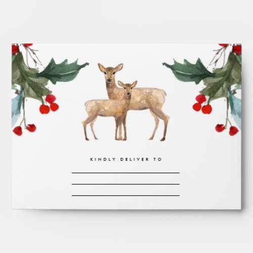 RED GREEN HOLLY BERRY DEER DUO CHRISTMAS  ADDRESS ENVELOPE