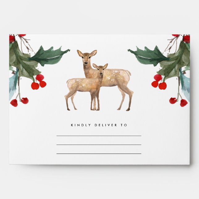 RED GREEN HOLLY BERRY DEER DUO CHRISTMAS  ADDRESS ENVELOPE (Front)