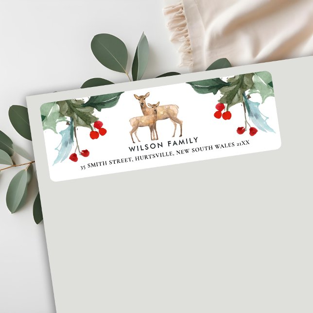 RED GREEN HOLLY BERRY DEER DUO NEW YEAR ADDRESS LABEL (Creator Uploaded)