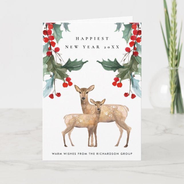 RED GREEN HOLLY BERRY DEER DUO NEW YEAR CORPORATE CARD (Front)