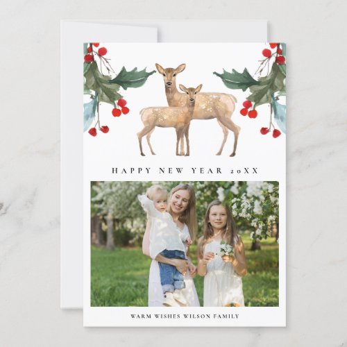 RED GREEN HOLLY BERRY DEER DUO NEW YEAR PHOTO HOLIDAY CARD