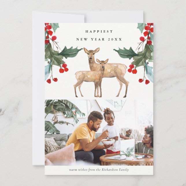 RED GREEN HOLLY BERRY DEER DUO NEW YEAR PHOTO HOLIDAY CARD (Front)