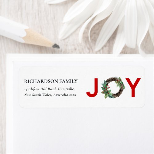 RED GREEN HOLLY BERRY JOY WREATH CHRISTMAS ADDRESS LABEL