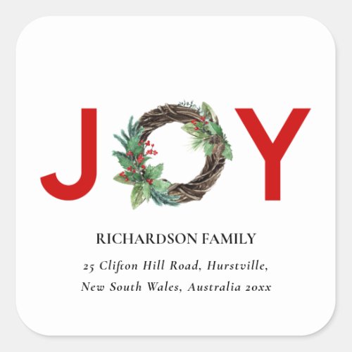 RED GREEN HOLLY BERRY JOY WREATH CHRISTMAS ADDRESS SQUARE STICKER